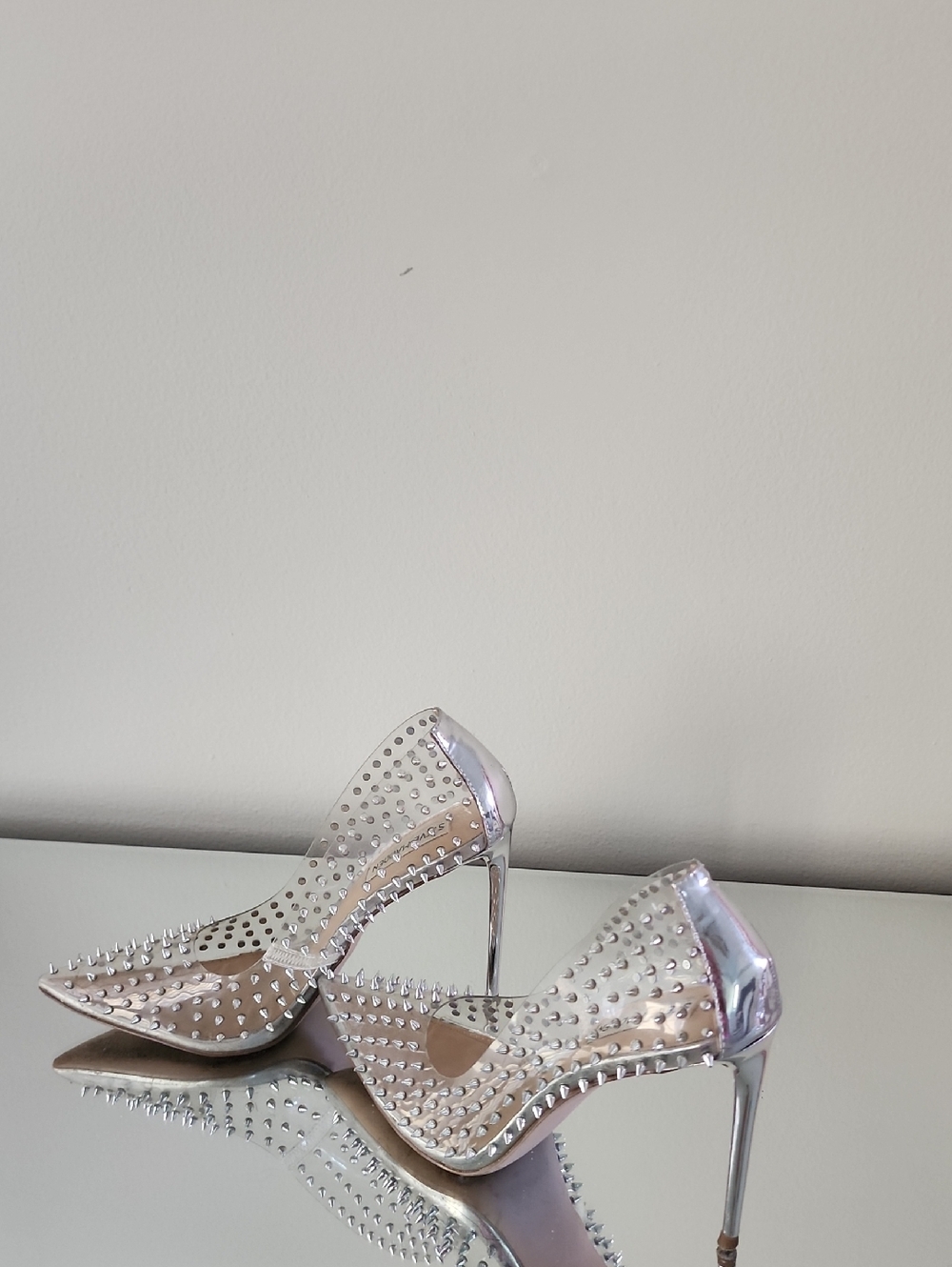 Silver Studded Clear Pointed-Toe Stiletto Heels